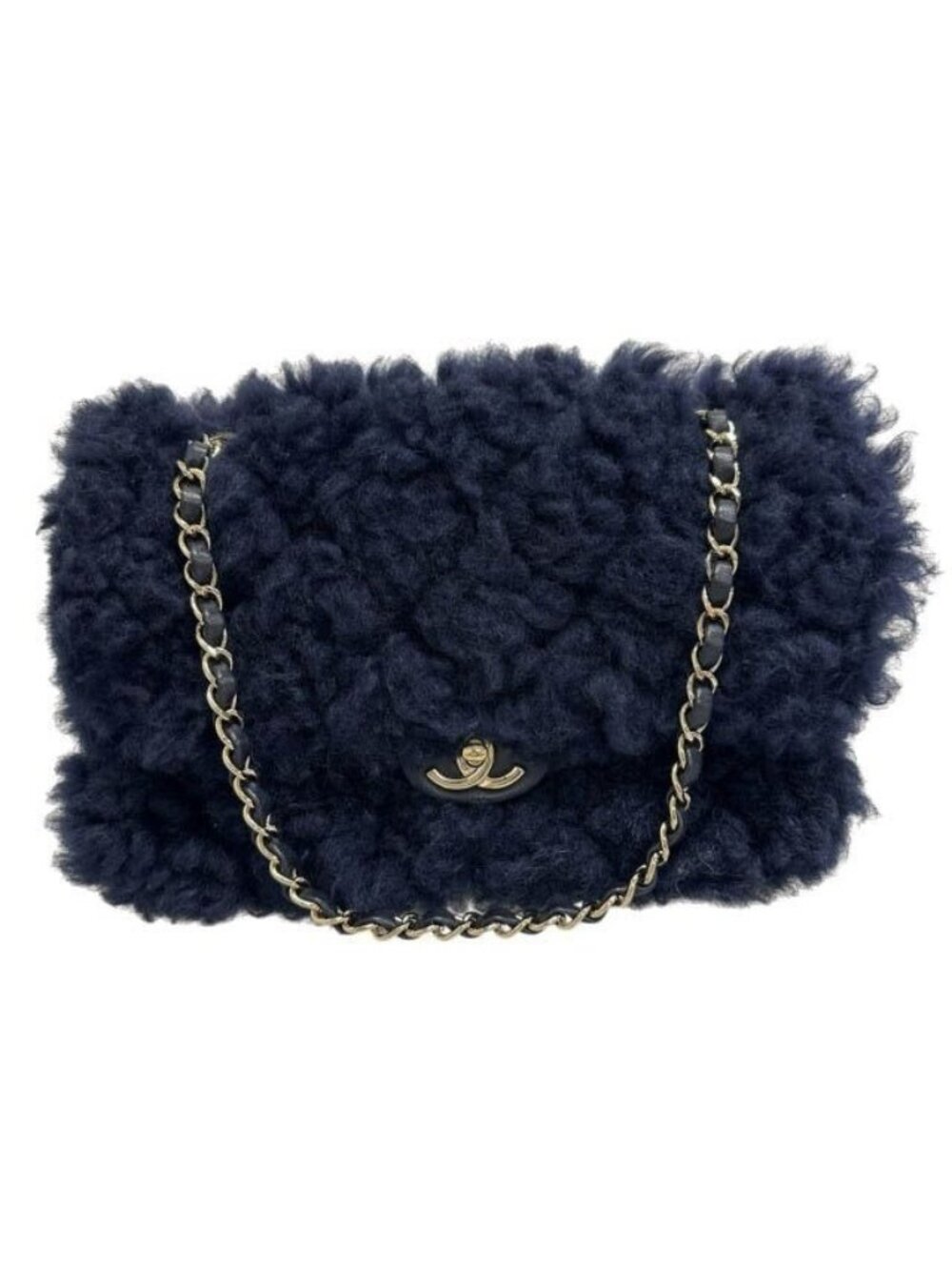 Chanel Shearling Fur Lambskin Gold CC Logo Quilted Chain Shoulder Bag Navy